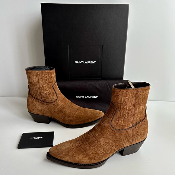 ✨New SAINT LAURENT Lukas Croc Embossed Suede 40mm Zip Western Booties Size 37.5 - Picture 12 of 12